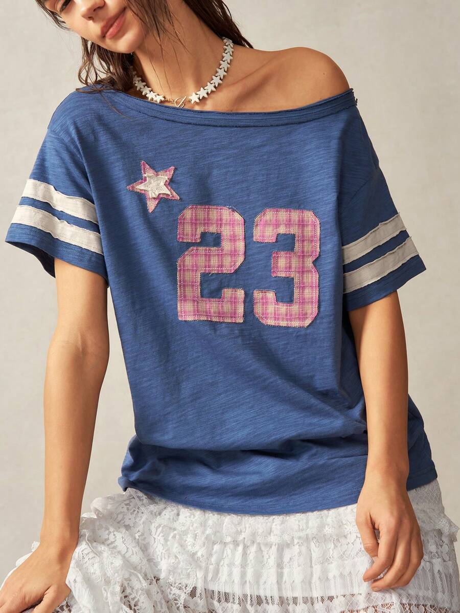 Bohemela 女士宽松复活节/音乐节/海滩度假图案不对称领口短袖 T 恤，夏季 - 彩色 - 查看 1