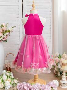 SHEIN Glamorique Kids 春夏女童玫瑰红吊带设计 3D 蝴蝶刺绣网眼连衣裙 - 玫紅色 - 查看 2