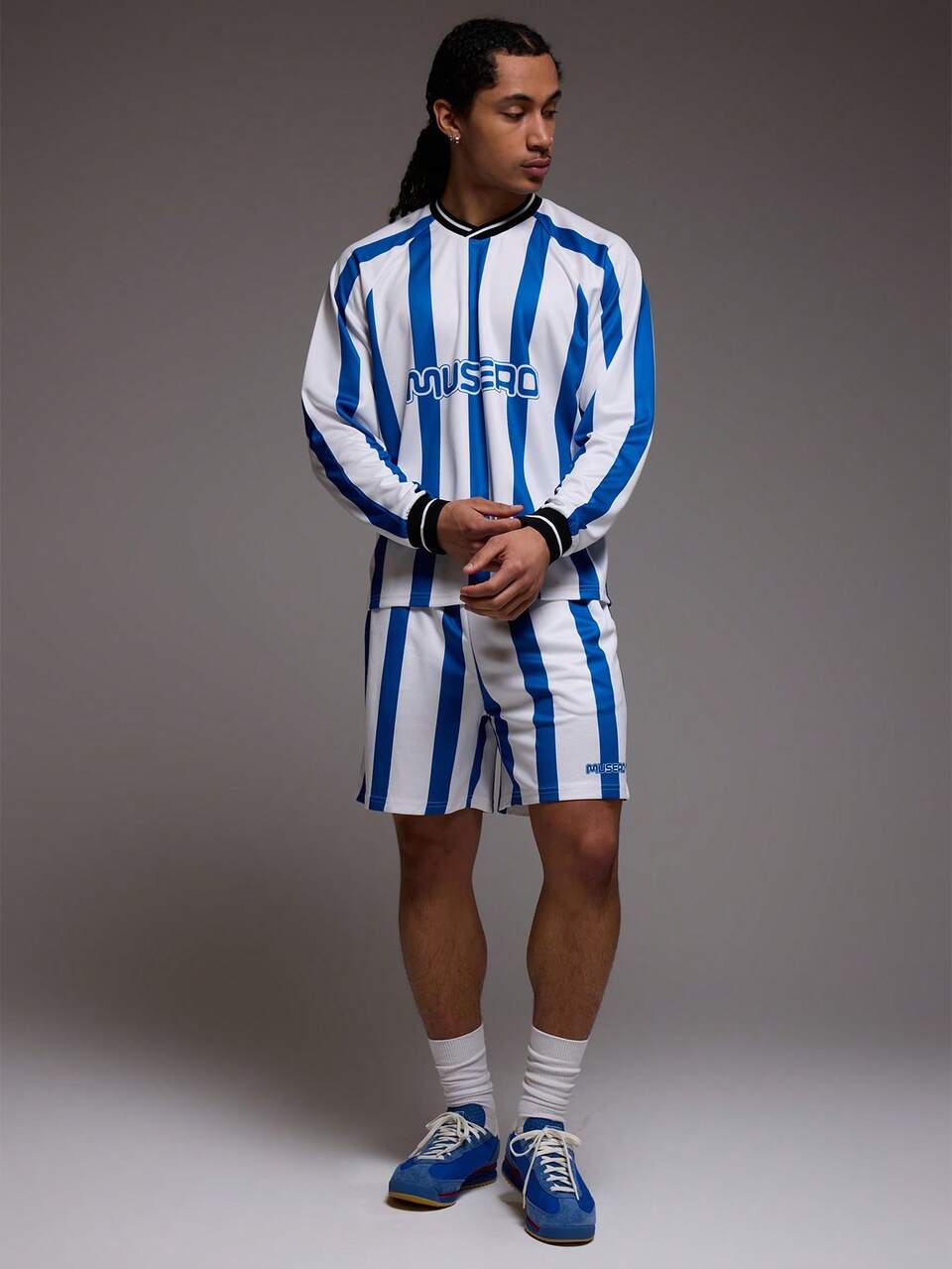 Relaxed Fit Striped "Musero" Slogan Graphic Print Football Jersey