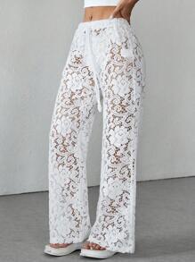 SHEIN PETITE Women's Jacquard Pattern Trousers, Simple And Fashionable For Summer - White - View 8