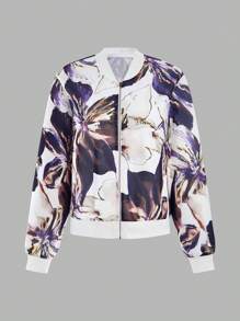 SHEIN LUNE Giacca casual da baseball con stampa floreale, manica lunga e chiusura lampo davanti per donna