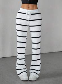 SHEIN PETITE Women's Casual Ribbed Ribbed Drawstring Waist Pants, For Spring/Autumn Baggy - White - View 6