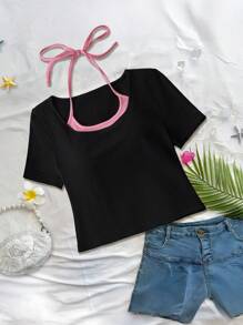 Chiquease Women's Contrast Color Block Mock Neck Short Sleeve Cropped T-Shirt