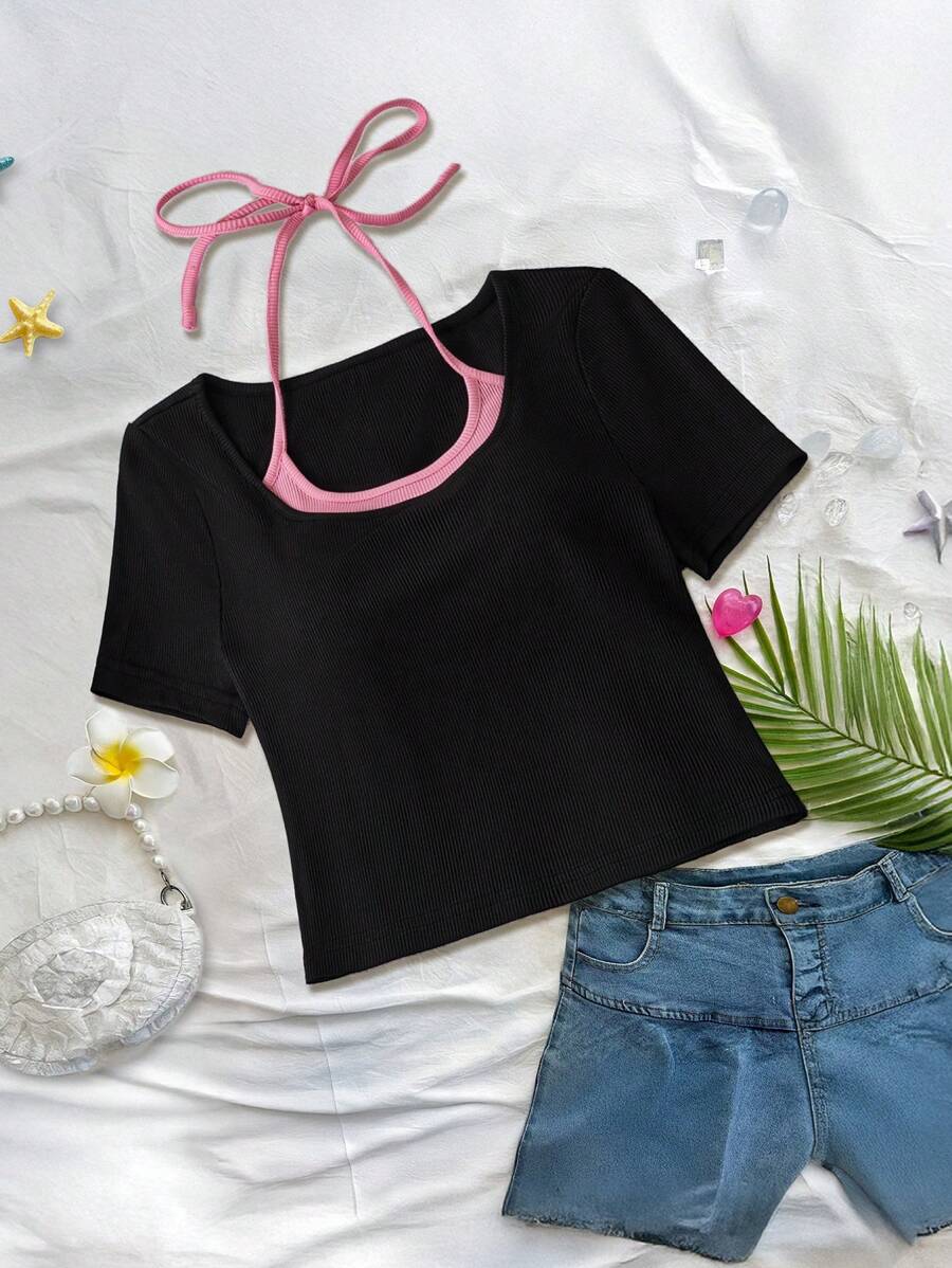 Chiquease Women's Contrast Color Block Mock Neck Short Sleeve Cropped T-Shirt