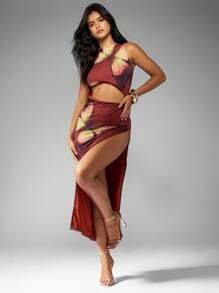 MISSGUIDED Robe longue moulante avec encolure bateau imprimée, taille fendue, dos lacé et fente latérale extrême