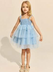 SHEIN Young Girls' Elegant Pink & Blue Mesh Fitted Sleeveless Dress, Spring/Summer - Blue - View 7