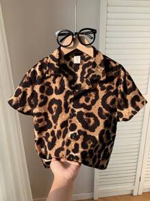 SHEIN 1 件装年轻男孩男孩休闲日韩街头时尚学院豹纹短袖衬衫适合春夏季，适合大学，适合居家，适合日常生活，适合运动，适合生日派对，适合户外度假，基本百搭简约 - 彩色 - 查看 9