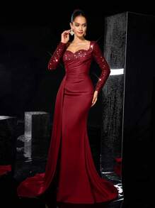 Glamrae 优雅奢华长袖亮片和珠饰褶饰缎面美人鱼长裙，侧开衩，适合婚礼、派对、节日、庆典、正式场合、派对礼服、婚礼宾客礼服、晚礼服、长袍 - 酒紅色 - 查看 5