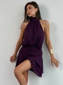 Aloruh 全新性感露背挂脖系带设计荷叶边无袖挂脖抗皱迷你甜美蛋糕连衣裙，春夏 - 紫色 - 查看 6