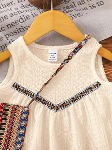 3pcs Baby Girl Casual Resort Woven Texture Patchwork Ruched Hem Tank Top, Striped Printed Wide Leg Pants And Backpack Set - Multicolor - View 3