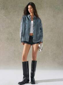 LYSMO Women's Denim Hot Silver Jackets And Coats Simple, Stylish And Casual Everyday Sense Of Future Technology 2025 New Arrivel Summer - Blue - View 3