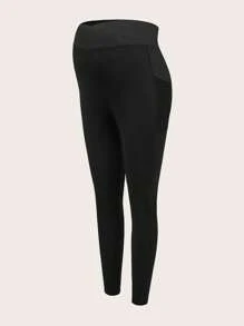 SHEIN Maternity Skinny Pants Black Gray Assorted Mesh Contrast Adjustable Waist Pregnant Women Solid Color High Elasticity Leggings, Suitable For Daily Casual Wear