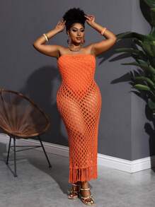 Slaydiva 2025 Novos feriados férias casual minimalista vazado sem mangas macacão - bainha franjada vestido longo de malha versão A - Laranja - Ver 9