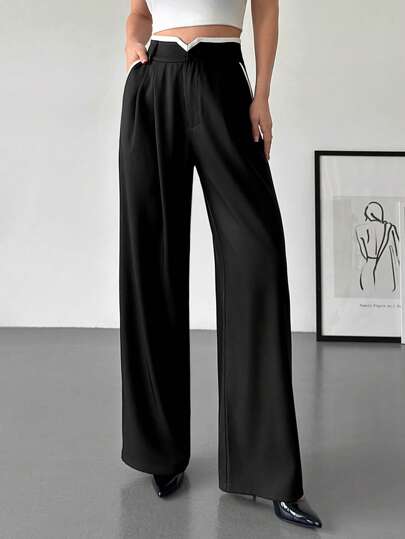 SHEIN Privé מכנסיים ארוכים עם כפתור מתכת אלגנטי לנשים