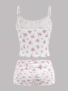Girlism Teen Girls Spring& Summer,Valentine Day Clean Girl,Cute, Casual Ditsy Floral Ruched Slim Fit Spaghetti Strap Mini Shorts Two Pieces Set,Vintage