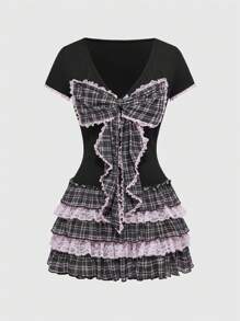 ROMWE Kawaii 女式复古甜美薄纱格子蕾丝荷叶边蝴蝶结装饰迷你连衣裙 - 彩色 - 查看 1