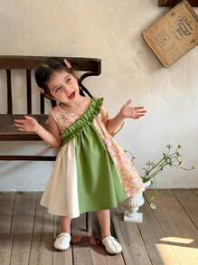 Baby Girl Summer Cute Ruffle Asymmetrical Top & Mixed Ditsy Floral Patch Dress, Comfortable Outdoor Outfit, For Spring
