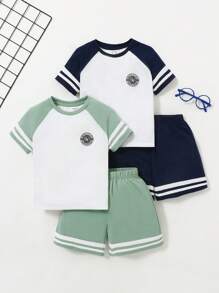 Set da 4 pezzi per ragazzi composto da t-shirt con maniche a spalla e stampa carina, shorts lavorati a maglia, completo di due tonalità, ideale per abbigliamento per bambini, adatto per scuola, feste, cerimonie, eventi, viaggi, attività sportive, primavera ed estate