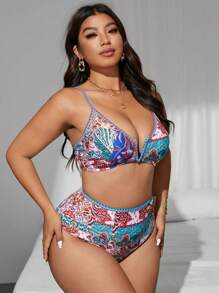 Swim Lushoire 大码女式两件套复古印花缺口领泳衣比基尼套装、假日海滩泳池装、夏季度假 - 彩色 - 查看 8
