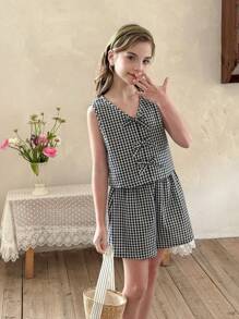 LMoss Kids LMoss Tween Girls 2pcs Set: Woven Plaid Top And Shorts Girls Summer Clothes Tween Girls Dresses Girls Casual Dresses Tween Girls Dresses Tween Girls 2 Pieces Set