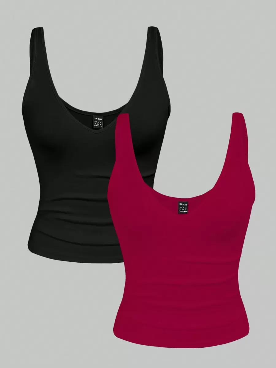 INAWLY 2 件套女士修身短款豹纹印花和纯色 V 领吊带背心套装，夏季 - 彩色 - 查看 1