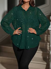 SHEIN Clasi Plus Size Women's Rhinestone Embellished Long Sleeve Loose Button Down Shirt - Dark Green - View 5