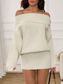 EURMUSE Váy len hở vai kiểu Pháp có eo thắt, hở vai, váy ngắn bó sát dành cho phụ nữ nhỏ nhắn vào mùa thu/đông - trắng - Xem 3