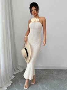 Chiquease 女式钩针夏季连衣裙，简约时尚 - 白色 - 查看 5