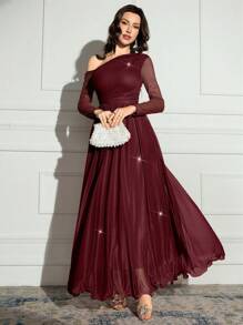 Modelyn Women's Solid Color Glitter Asymmetric Neck Long Sleeve Dress, Elegant