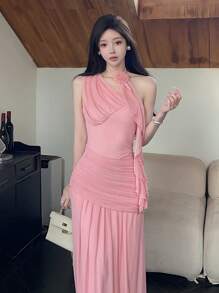 Modelyn Vestido de fiesta elegante para mujer con un hombro, pliegues, adorno de flor 3D y volantes