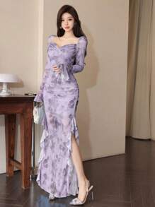 Modelyn 女士网眼印花荷叶边下摆开衩优雅性感连衣裙