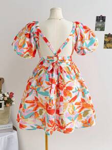 Soleia Plus Size Women Floral V-Neck Cinched Waist A-Line Short Dress, Romantic For Dates, Afternoon Tea - Multicolor - View 2
