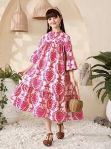 Tween Girls' Vacation Casual Allover Print Notched Neck Dress,Holiday,Summer, Travel - Hot Pink - View 3