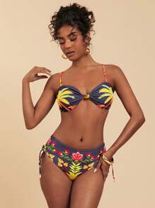 Travachic 女士可爱时尚假日印花结侧系带比基尼套装，可调节肩带花卉印花连体泳衣，合身休闲风格，夏季海滩度假，图案沙滩装女士 - 黑色 - 查看 5