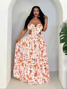 Slaydiva Plus Size Women Holiday Hollow Out Waist Floral Print Strapless Dress