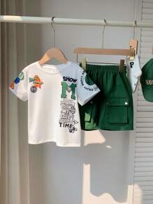 SHEIN 2入組年輕男孩休閒街頭風字母印花短袖T恤和實用口袋短褲，適合春夏季節，適合街頭、校園和戶外活動 - 白色 - 查看 1
