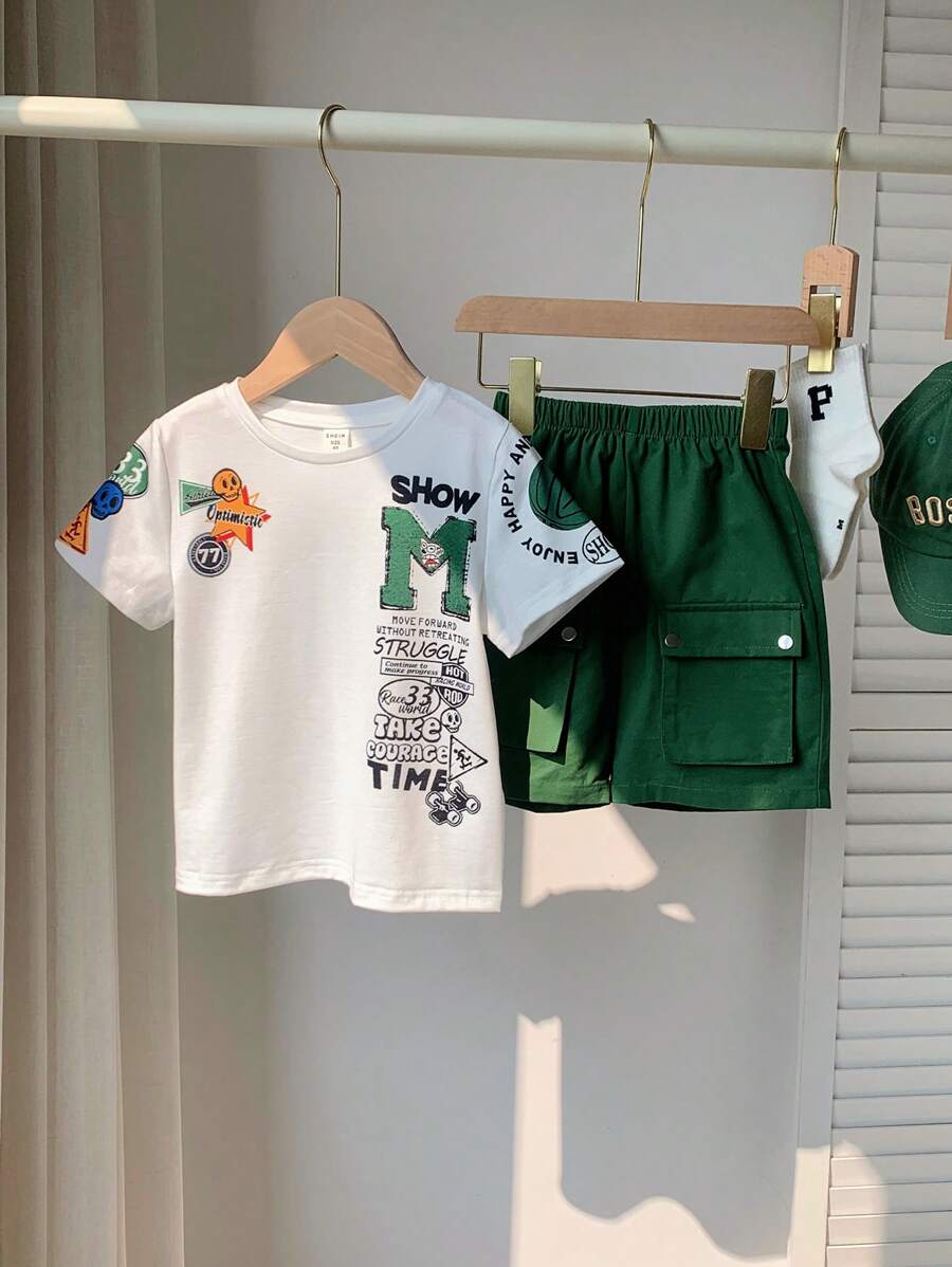 SHEIN 2入組年輕男孩休閒街頭風字母印花短袖T恤和實用口袋短褲，適合春夏季節，適合街頭、校園和戶外活動 - 白色 - 查看 1