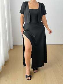 Flirla 2pcs Plus Size Knitted Outfit - Fitted High Slit Cami Dress And Short Sleeve Cardigan, Spring/Summer - Black - View 4