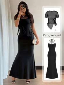 Elenzga 女士时尚休闲性感两件套，透明网眼短袖上衣和无袖紧身吊带裙，弹力针织材质上衣，侧抽绳褶饰不对称下摆，黑色 - 黑色 - 查看 1