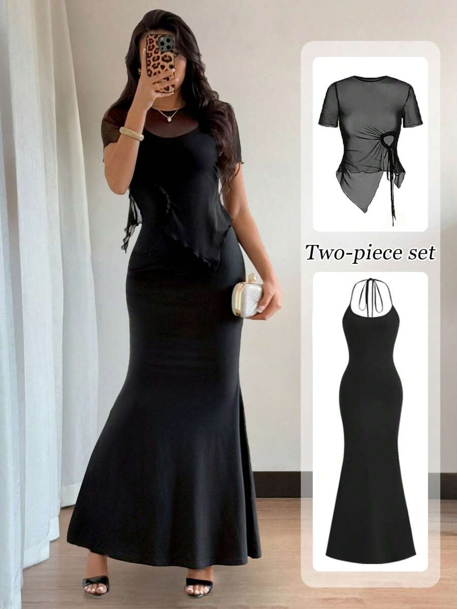 Elenzga 女士时尚休闲性感两件套，透明网眼短袖上衣和无袖紧身吊带裙，弹力针织材质上衣，侧抽绳褶饰不对称下摆，黑色 - 黑色 - 查看 1