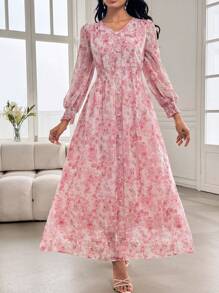 Modelyn Fashionable Romantic Embroidered Floral Long Dress For Women Fall Cloth For Women - Pink - View 7