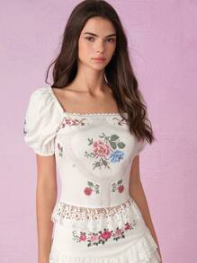 SHEIN MOD 女士简约印花方领短款泡泡袖度假时尚衬衫、波西米亚衬衫、乡村衬衫、早午餐、夏季衬衫、女士海滩