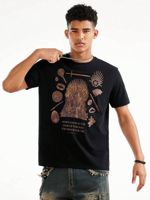 Game of Thrones X SHEIN Camiseta de manga corta casual de verano con gráfico de eslogan para hombres
