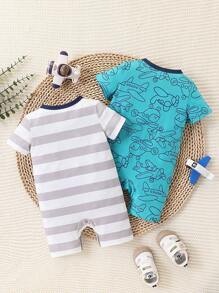 SHEIN 2pcs Set Toddler Boys Casual Cute Cartoon Airplane Vehicle Print Short Sleeve Romper, Suitable For Spring/Summer Outdoor & Daily Wear