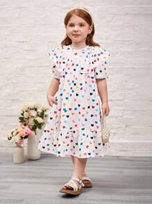 SHEIN 年轻女孩心形图案泡泡袖荷叶边腰休闲迷你连衣裙 - 白色 - 查看 4