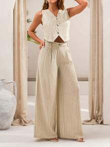 SHEIN Tall Conjunto casual de traje sastre de mujer con chaleco de rayas y pantalones