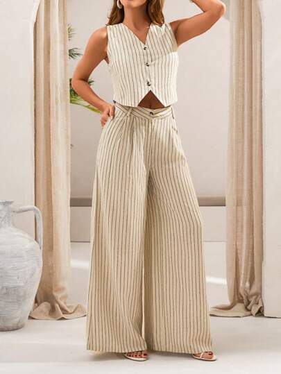 EURMUSE White Striped Linen Co-Ord Set With Sleeveless Blazer Top And Wide-Leg Pants