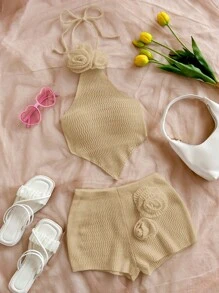 Soleia 2pcs/Set Hand-Crafted 3D Flower Halter Backless Crop Top And Super Short Shorts Knit Sweater, Vacation Sexy - Khaki - View 6