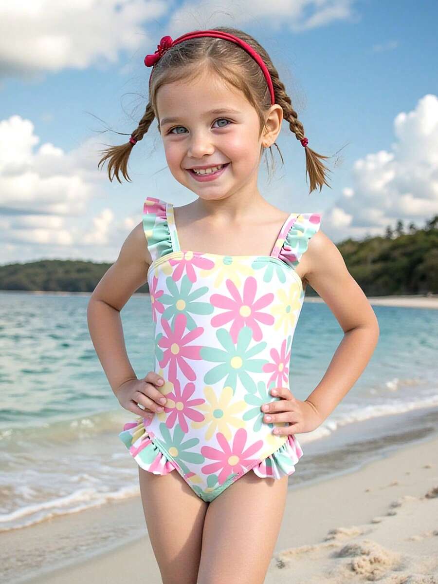 Young Girl' Cute Floral Print Print Ruffle  One-Piece Swimsuit, Beach Outfit Summer Holiday - Multicolor - View 1