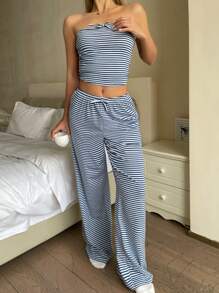 SHEIN 少女 BM 风格休闲搭配海军蓝和白色条纹蝴蝶结抹胸和阔腿裤套装